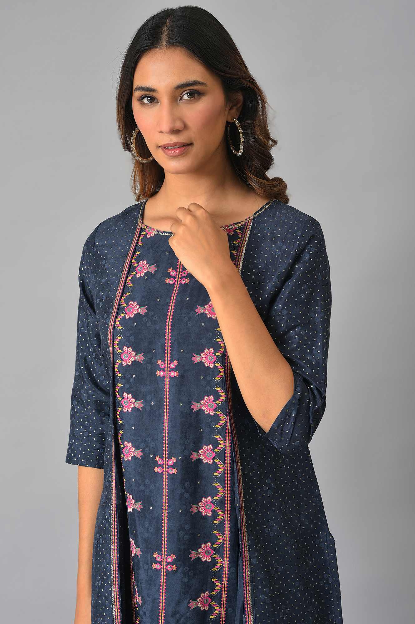 Royal Blue Mock Layered Festive Kurta - wforwoman