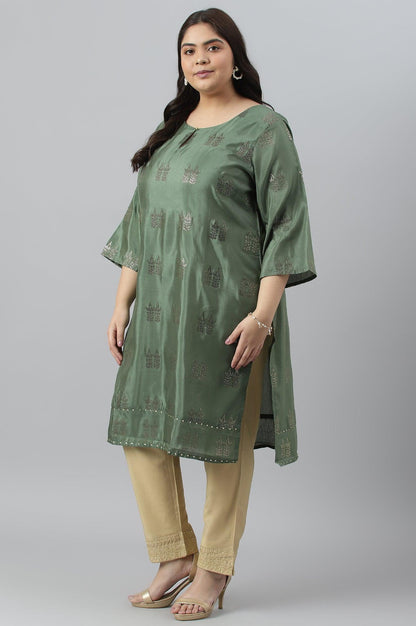 Green Shantung Plus Size kurta With Mukaish Print - wforwoman