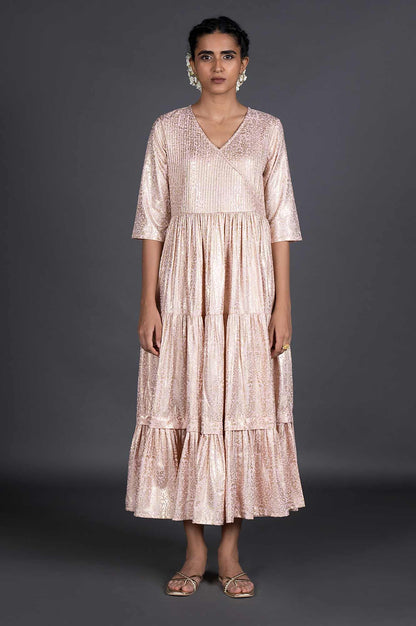 Light Pink Gold Printed Festive Dress - wforwoman