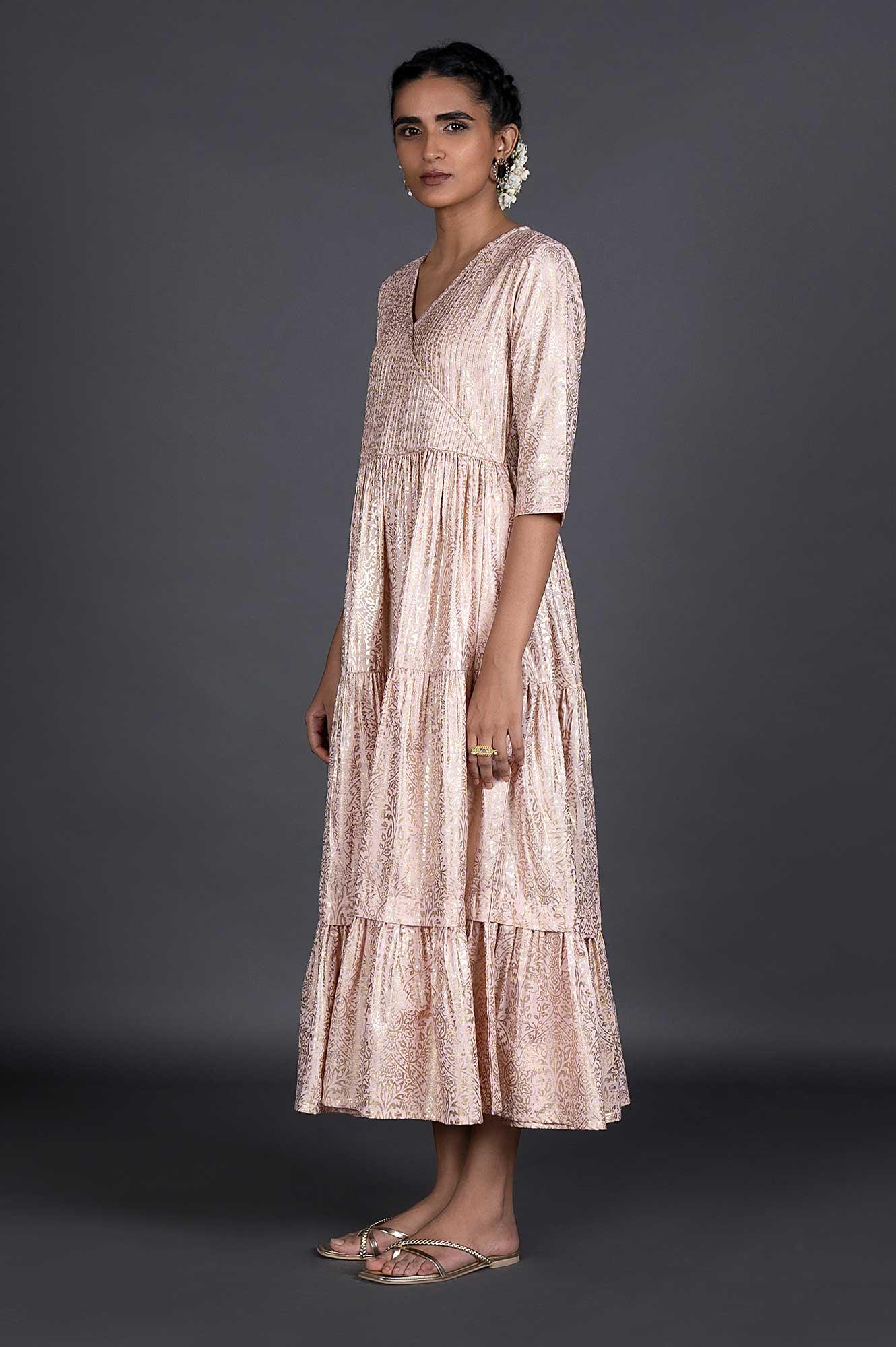 Light Pink Gold Printed Festive Dress - wforwoman