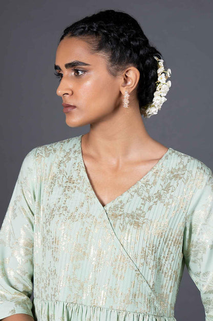 Green Gold Printed Mock Angrakha Dress - wforwoman