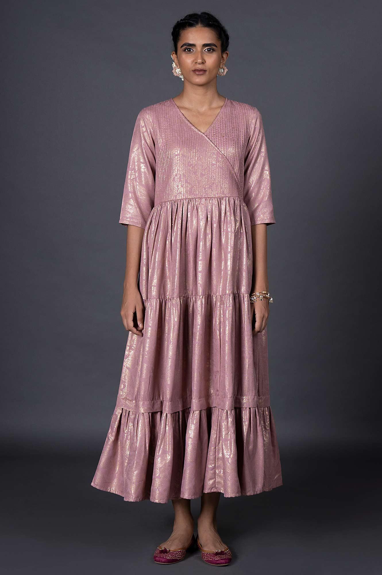 Light Purple Gold Printed Mock Angrakha Dress - wforwoman