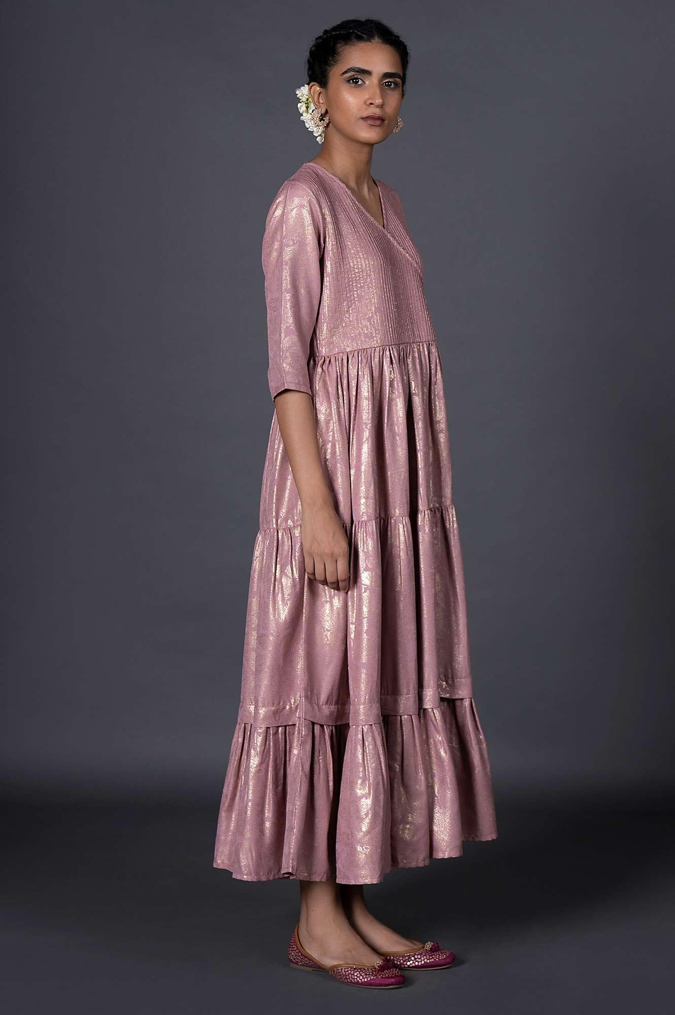 Light Purple Gold Printed Mock Angrakha Dress - wforwoman
