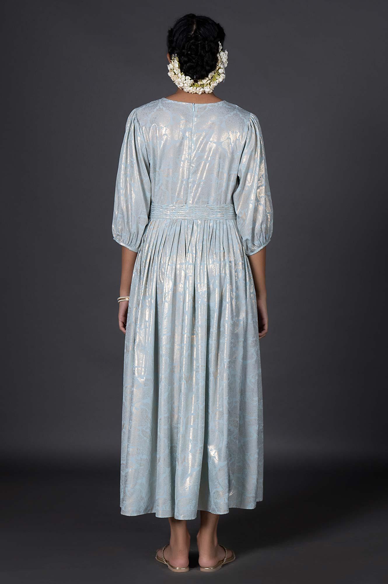 Light Blue Foil Printed Pleated Dress With Belt - wforwoman