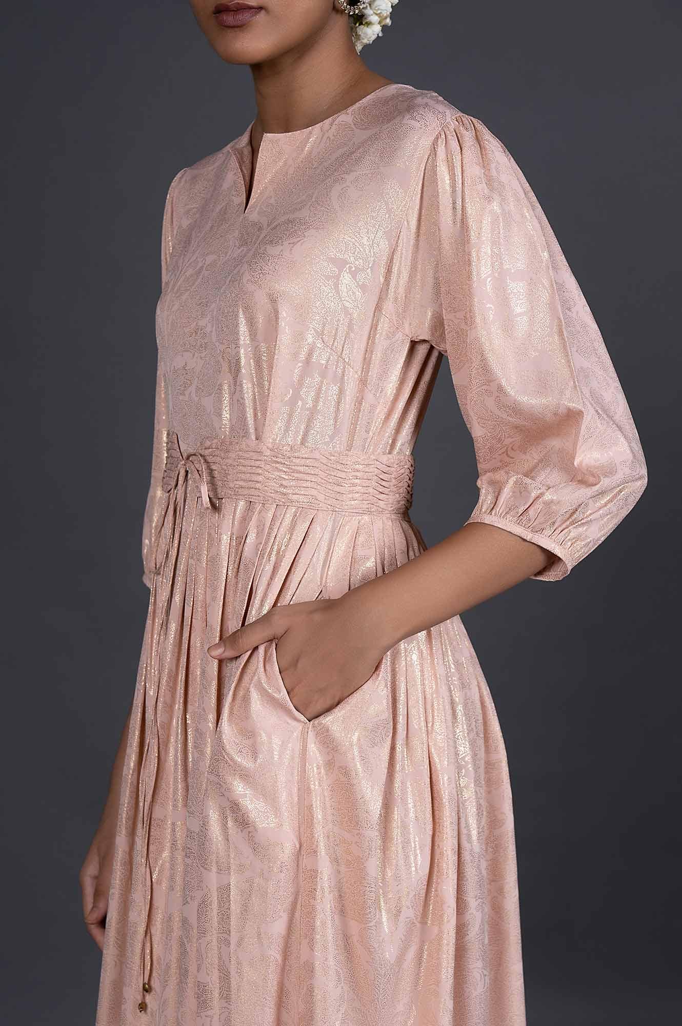 Light Pink Foil Printed Pleated Dress With Belt - wforwoman