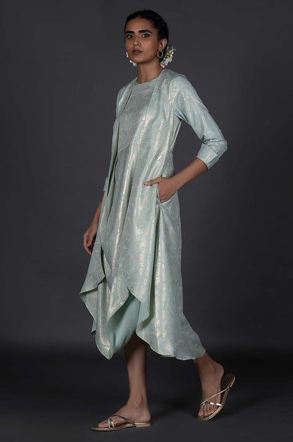 Green Mock Layered Printed Festive Cowl Dress - wforwoman