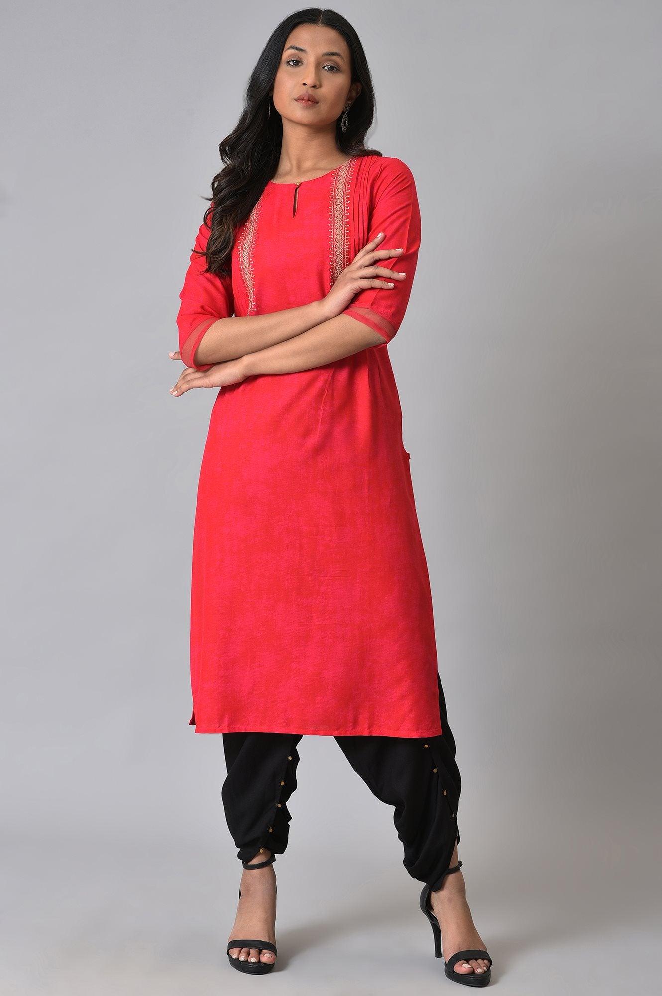 Red Embroidered Festive kurta - wforwoman
