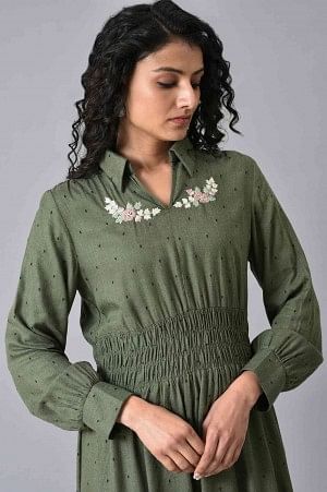 Olive Green Hand Embroidered Short Dress