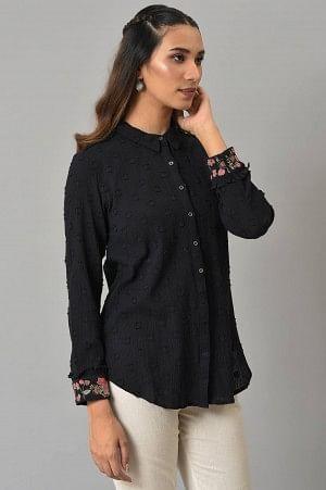 Black Cotton Shirt With Embroidered Cuffs - wforwoman