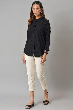 Black Cotton Shirt With Embroidered Cuffs - wforwoman