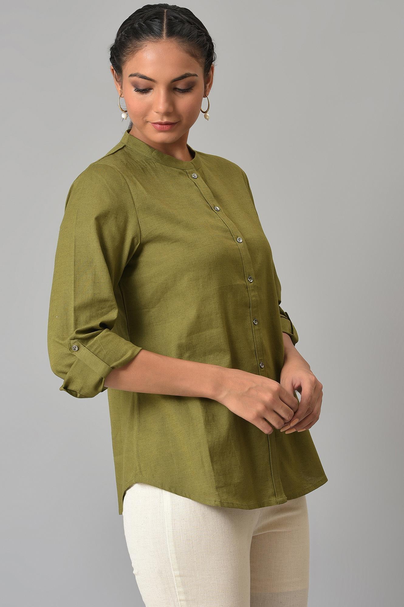 Olive Green Cotton Flax Button Down Top - wforwoman