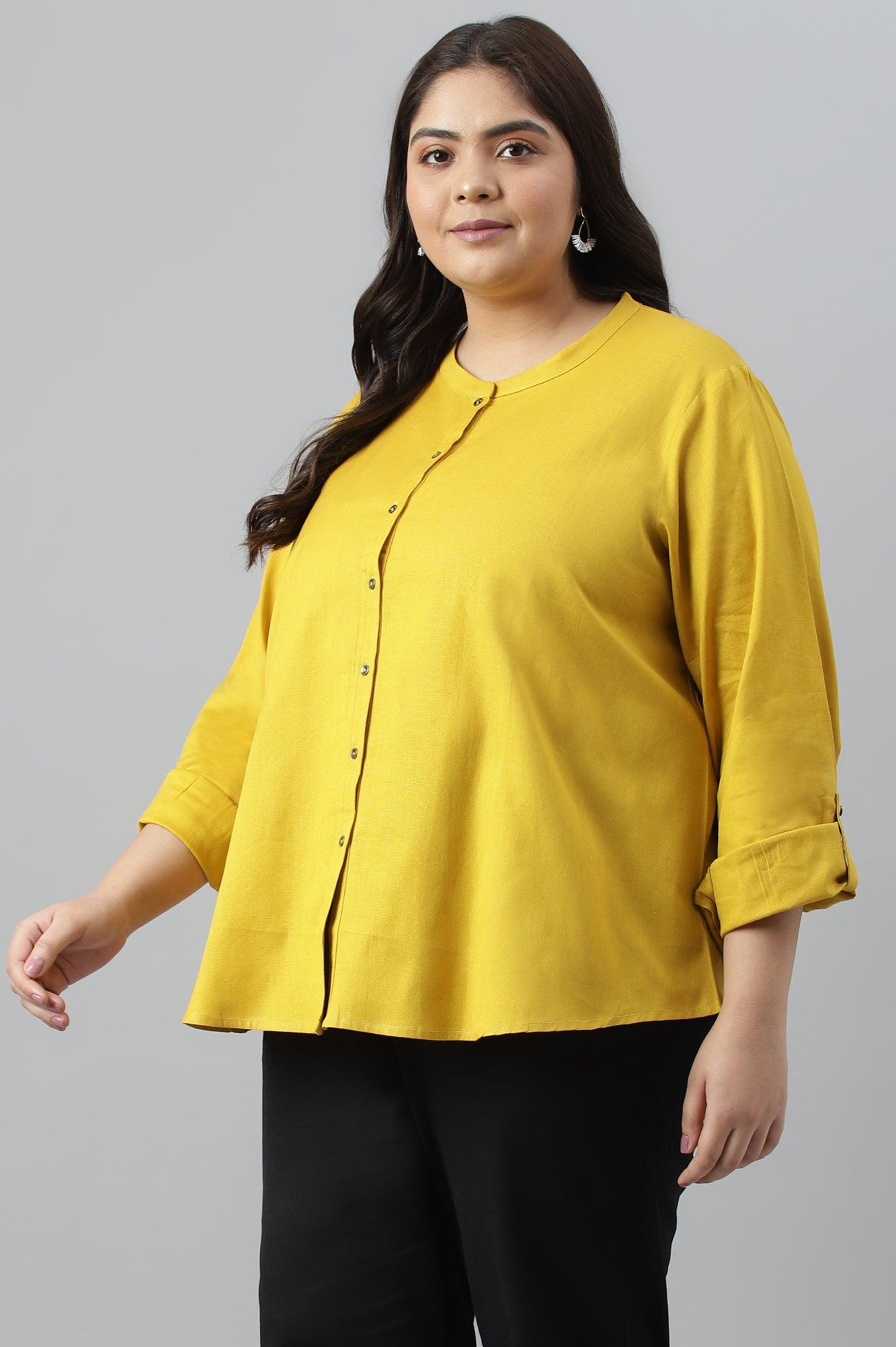 Yellow Cotton Flax Button Down Western Plus Size Top - wforwoman