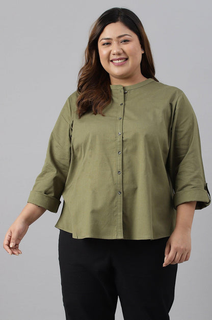 Olive Green Cotton Flax Button Down Plus Size Top - wforwoman