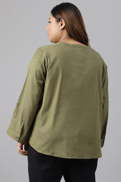 Olive Green Cotton Flax Button Down Plus Size Top - wforwoman