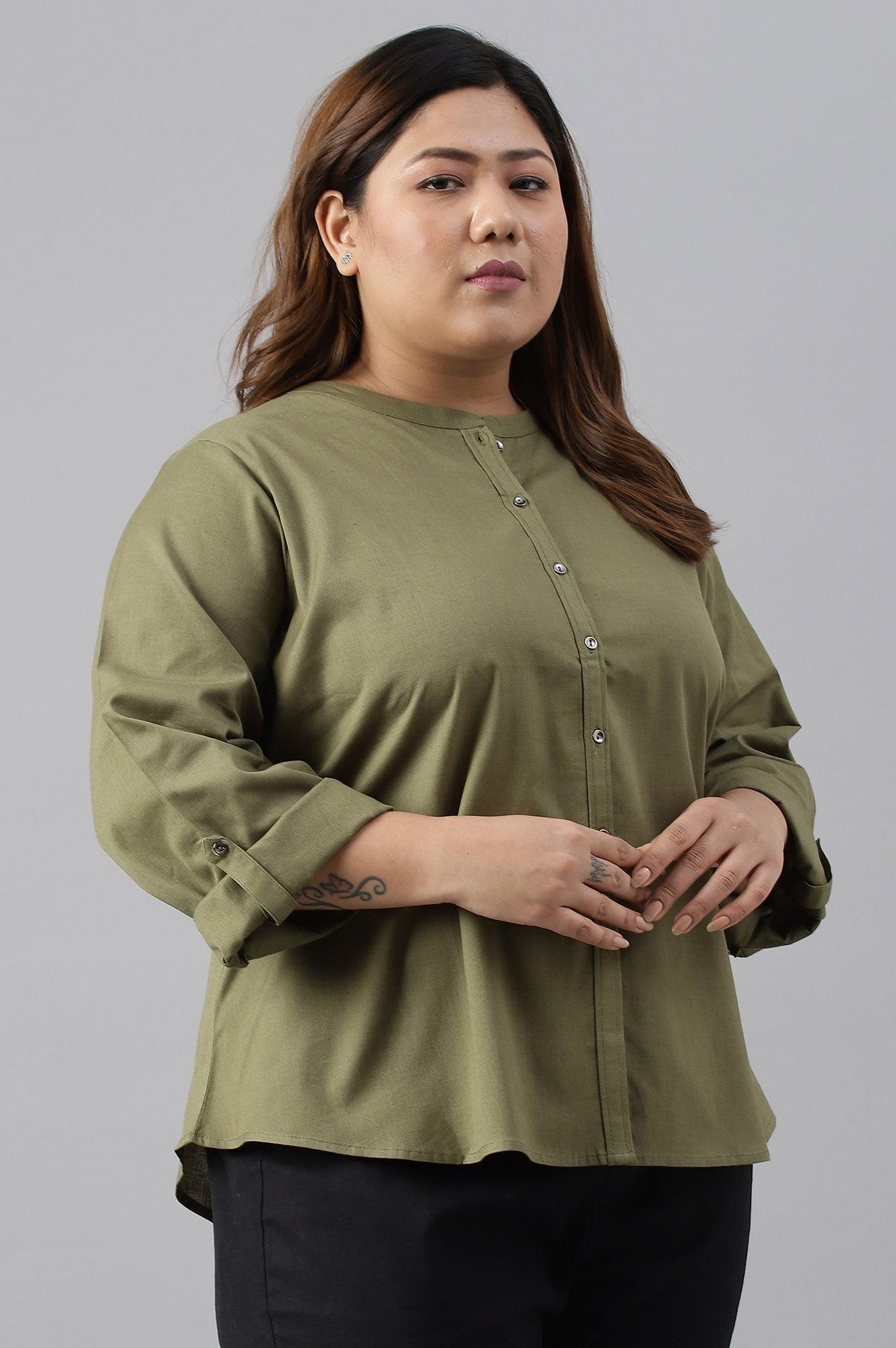 Olive Green Cotton Flax Button Down Plus Size Top - wforwoman