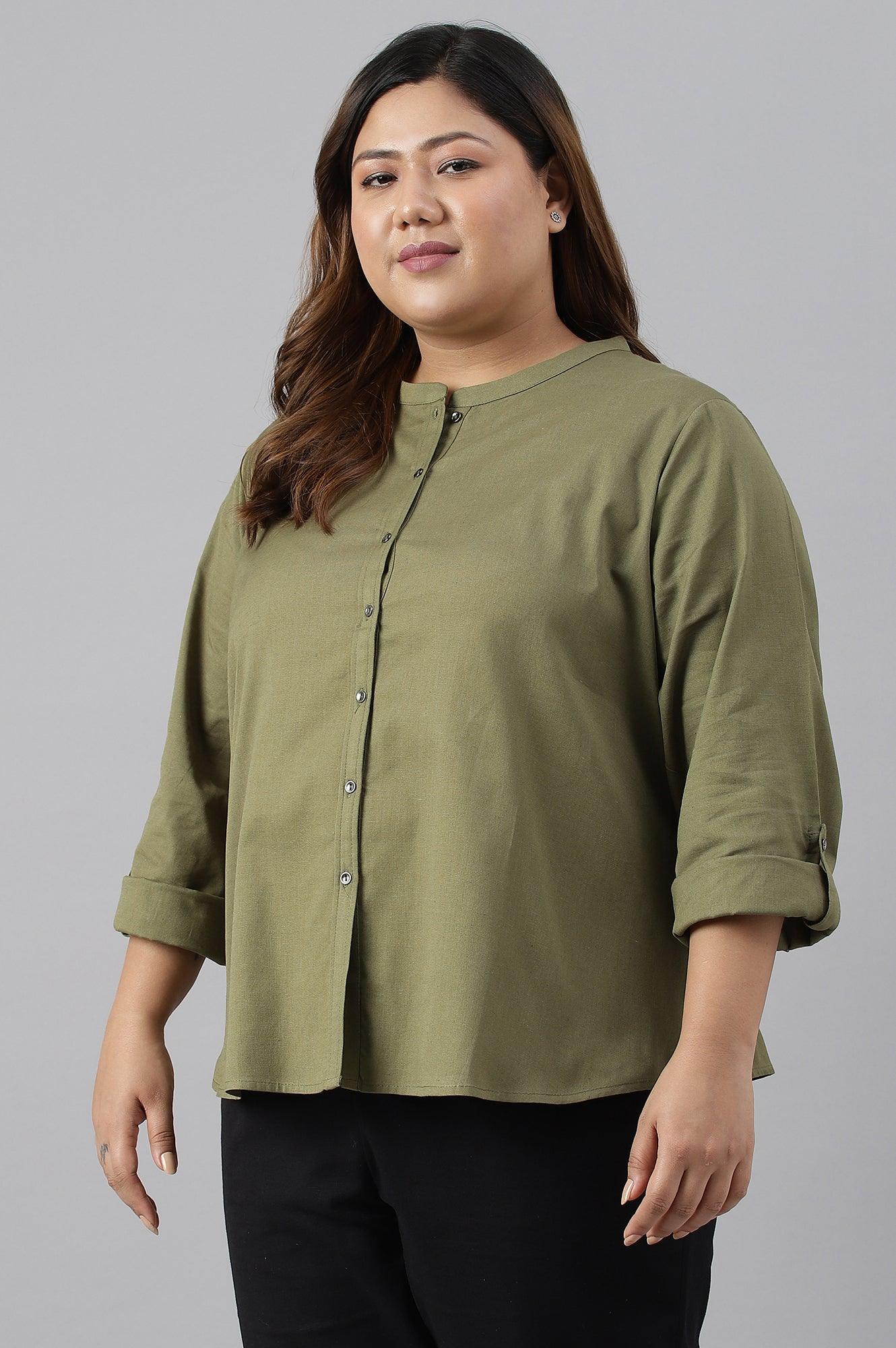 Olive Green Cotton Flax Button Down Plus Size Top - wforwoman