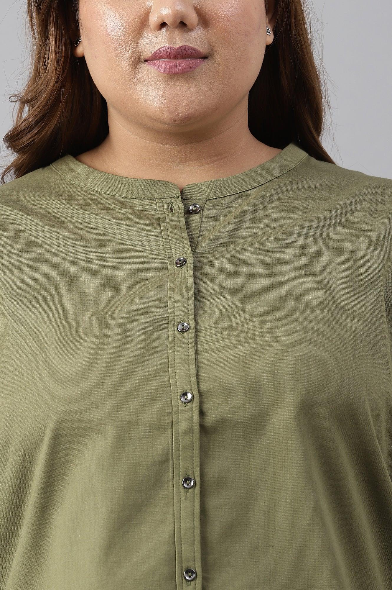 Olive Green Cotton Flax Button Down Plus Size Top - wforwoman