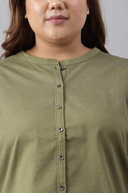 Olive Green Cotton Flax Button Down Plus Size Top - wforwoman