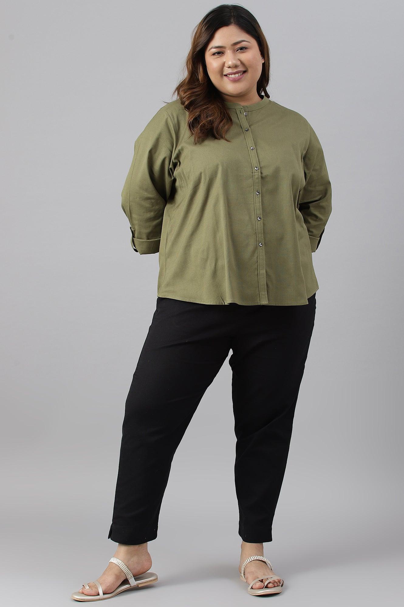 Olive Green Cotton Flax Button Down Plus Size Top - wforwoman