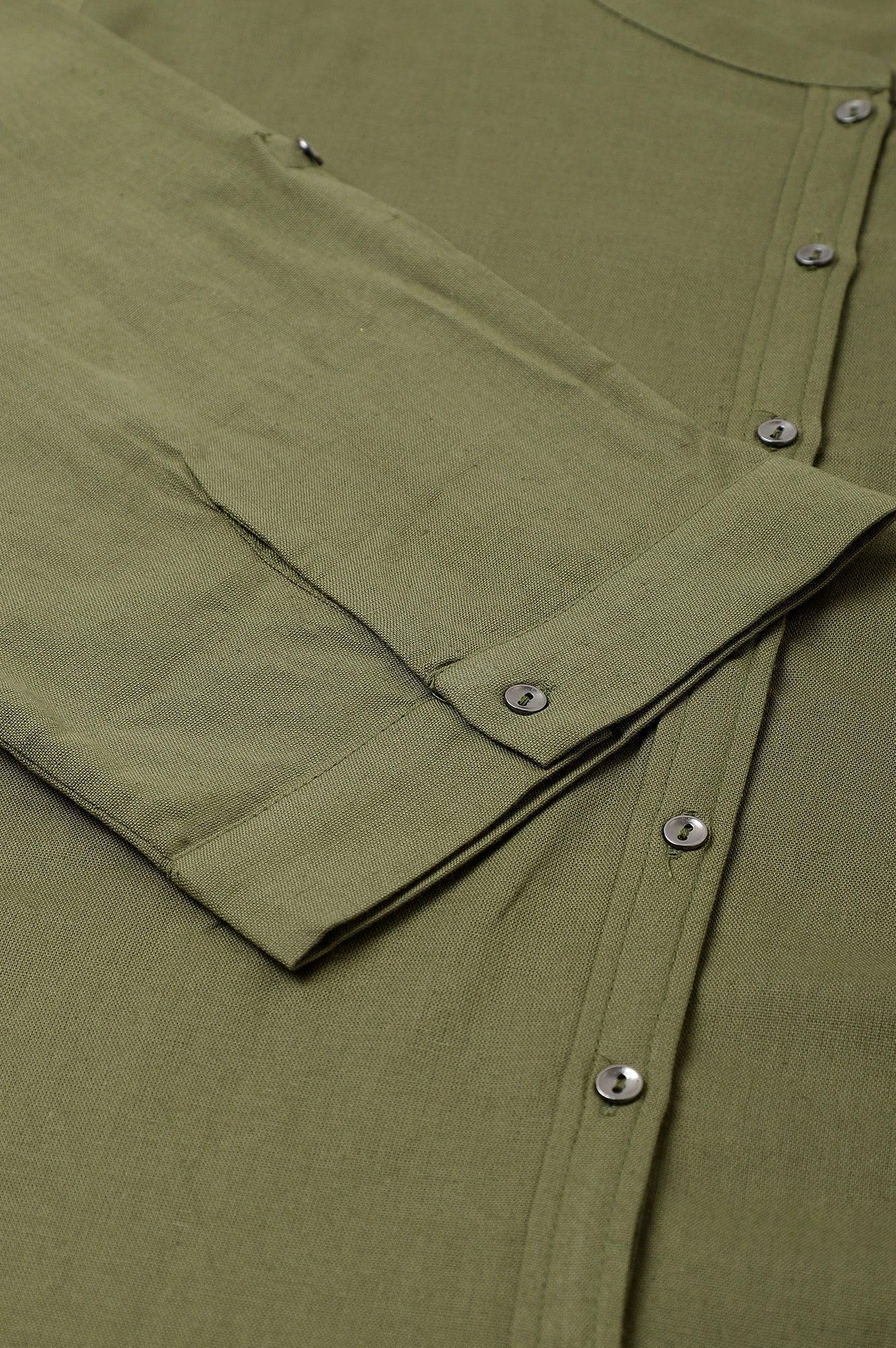 Olive Green Cotton Flax Button Down Plus Size Top - wforwoman