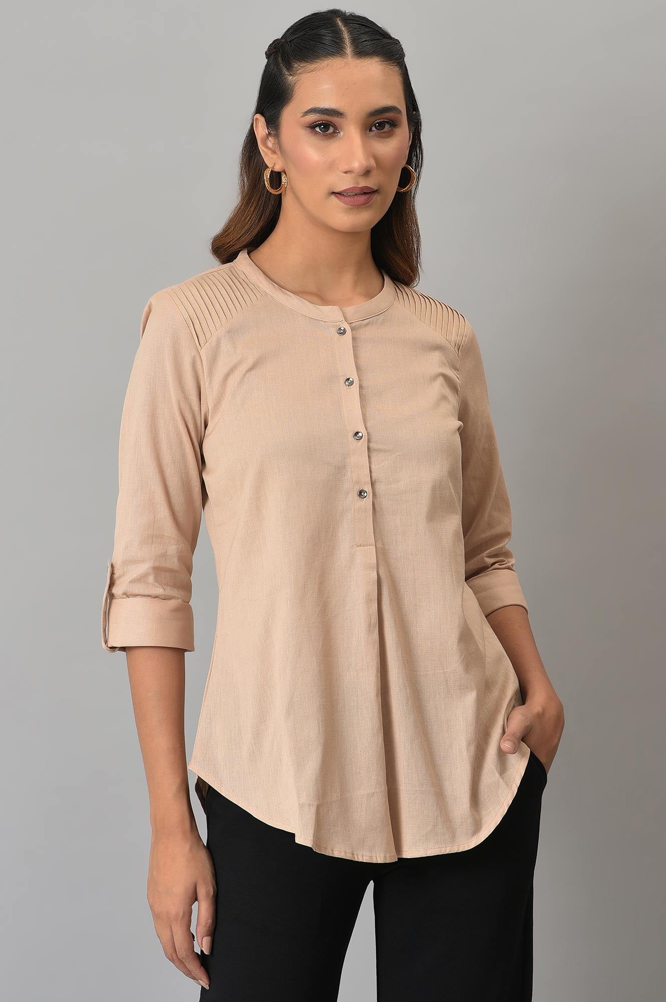 Beige Mandarin Collar Western Top