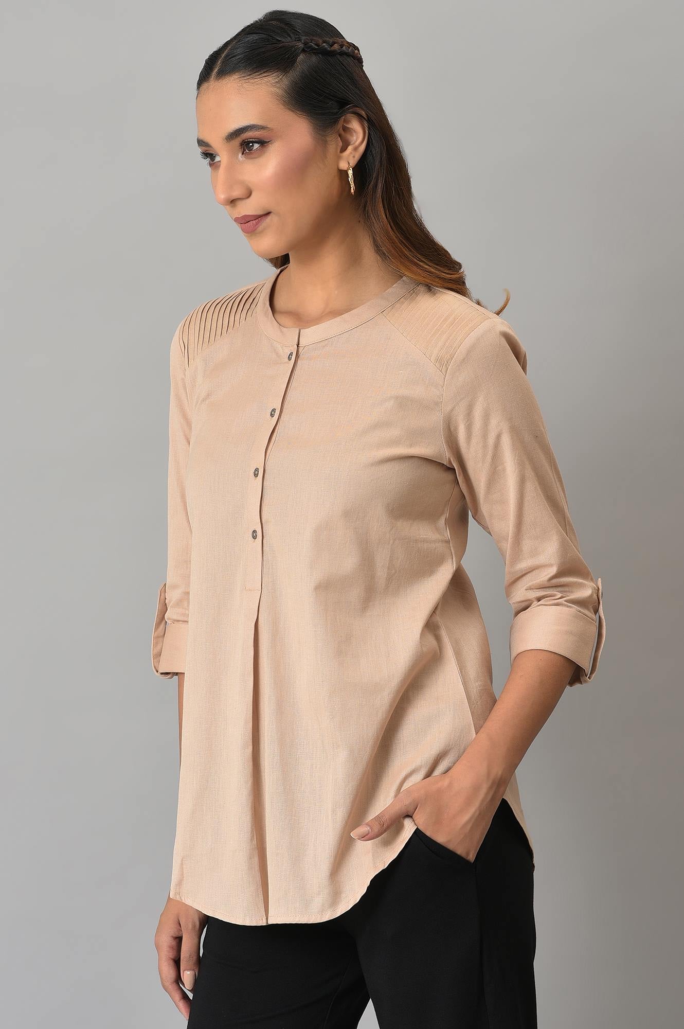 Beige Mandarin Collar Western Top