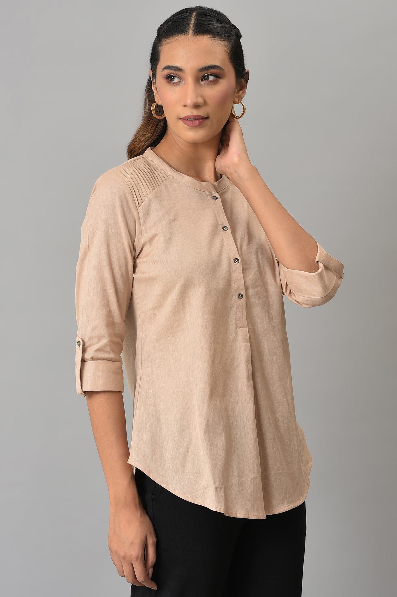 Beige Mandarin Collar Western Top