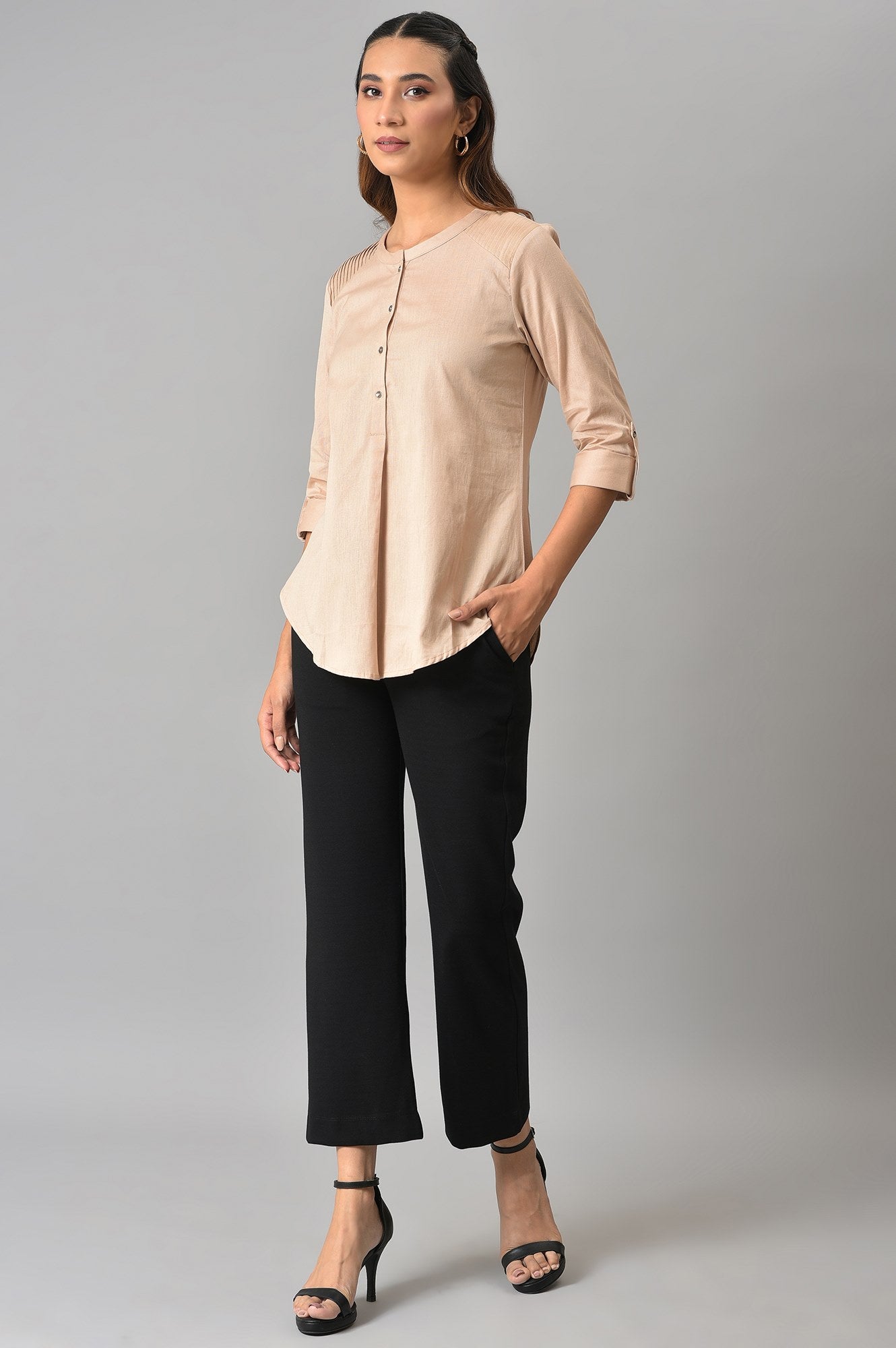 Beige Mandarin Collar Western Top