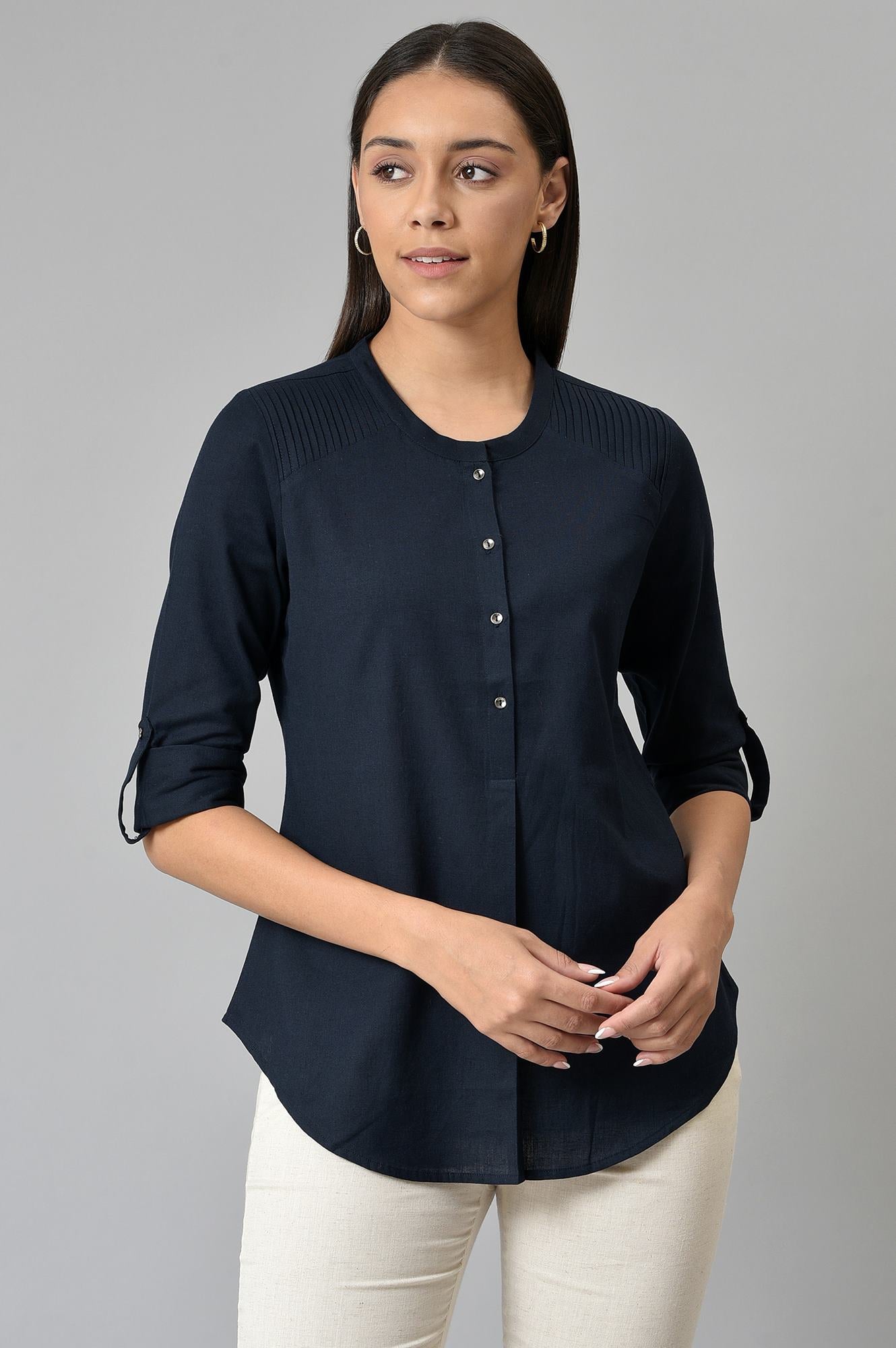 Navy Blue Cotton Flax Top