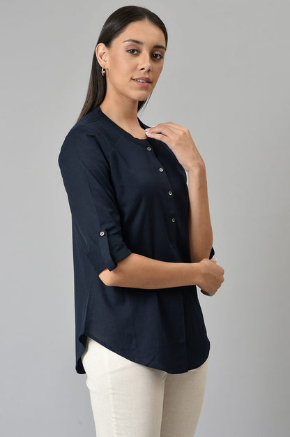 Navy Blue Cotton Flax Top