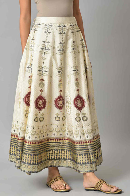 Ecru Flora Print Flared Skirt