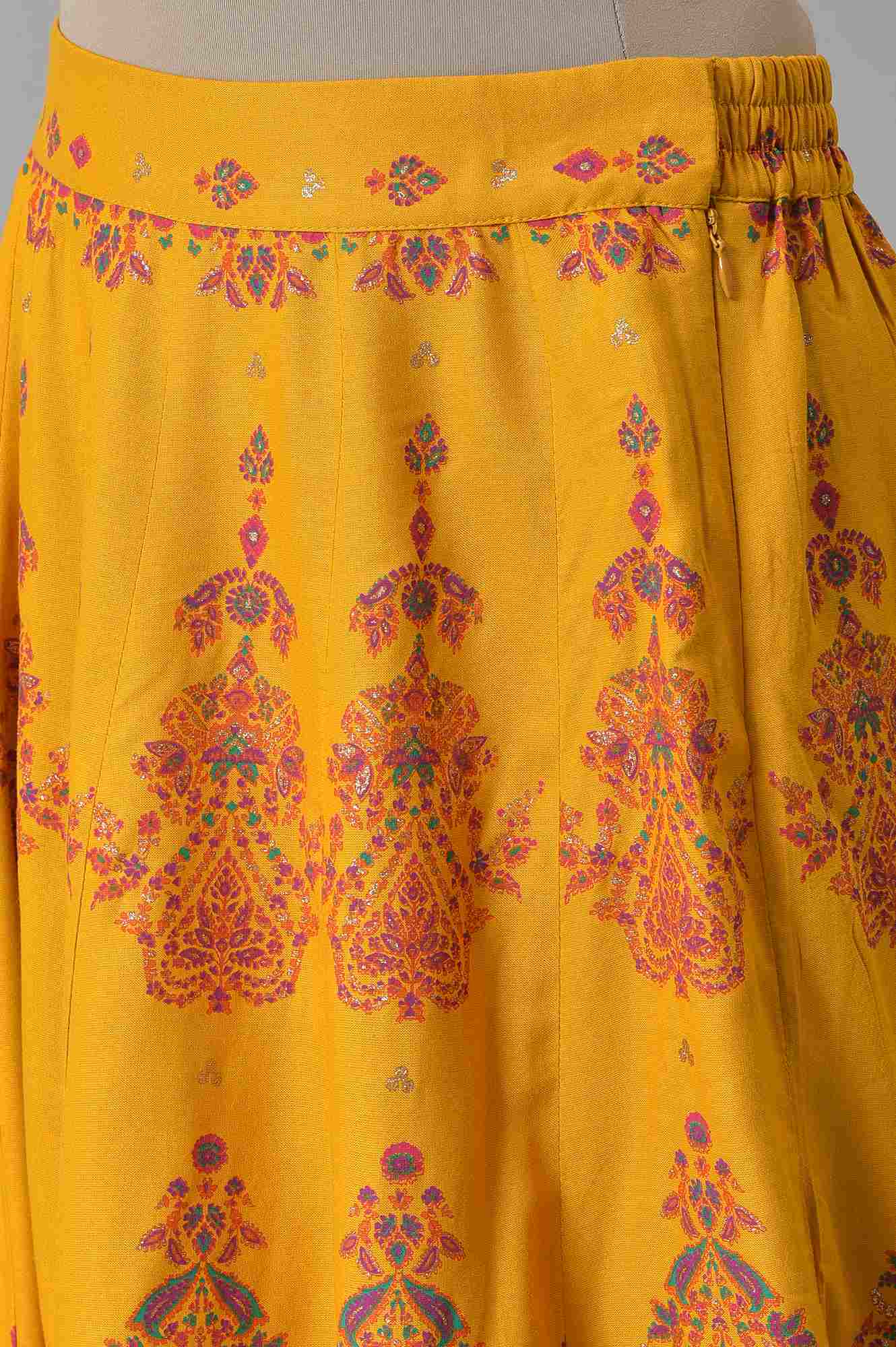 Mustard Flared Skirt With Multicoloured Floral Print