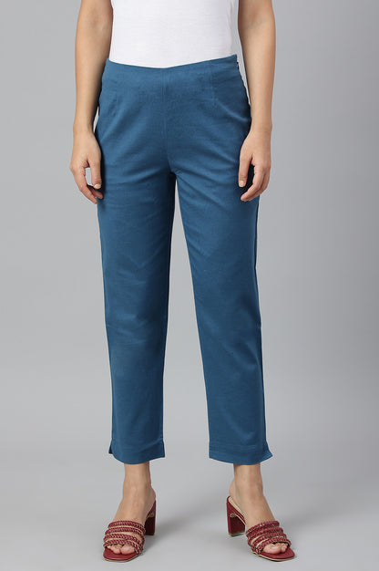 Teal Blue Cotton Blend Slim Pants