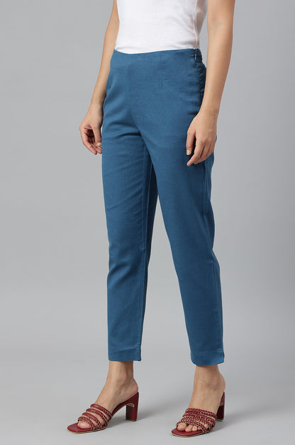 Teal Blue Cotton Blend Slim Pants