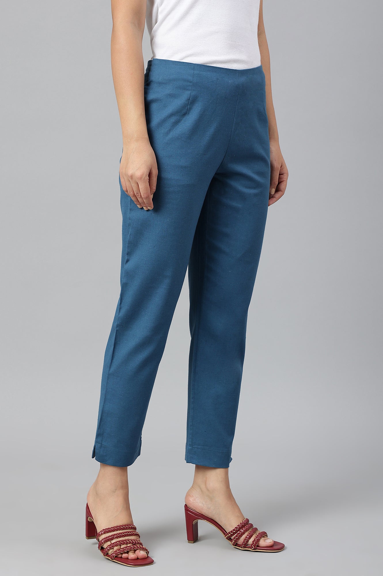 Teal Blue Cotton Blend Slim Pants