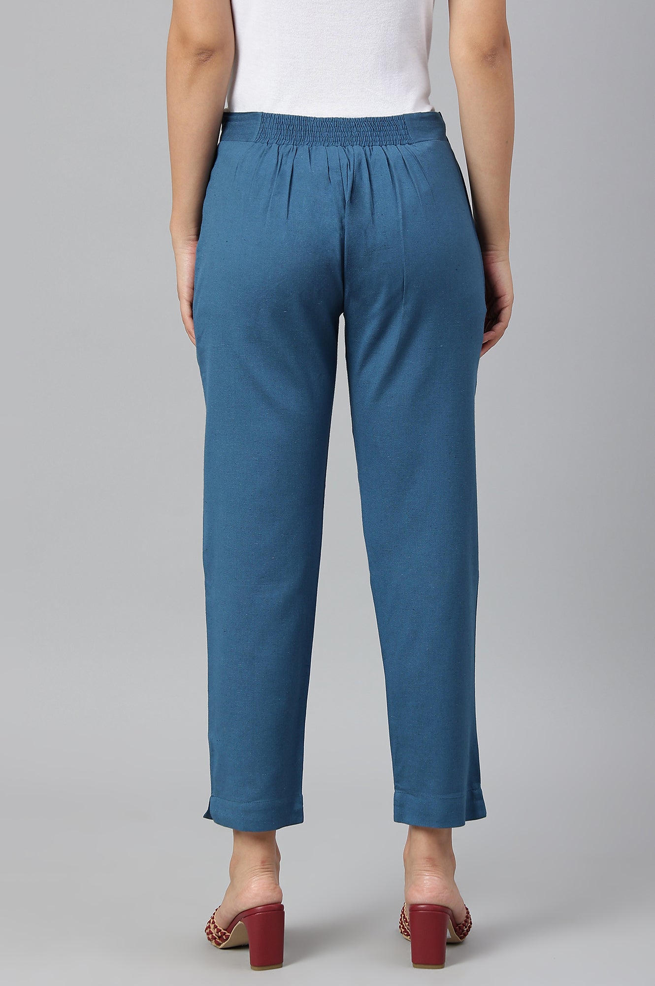 Teal Blue Cotton Blend Slim Pants