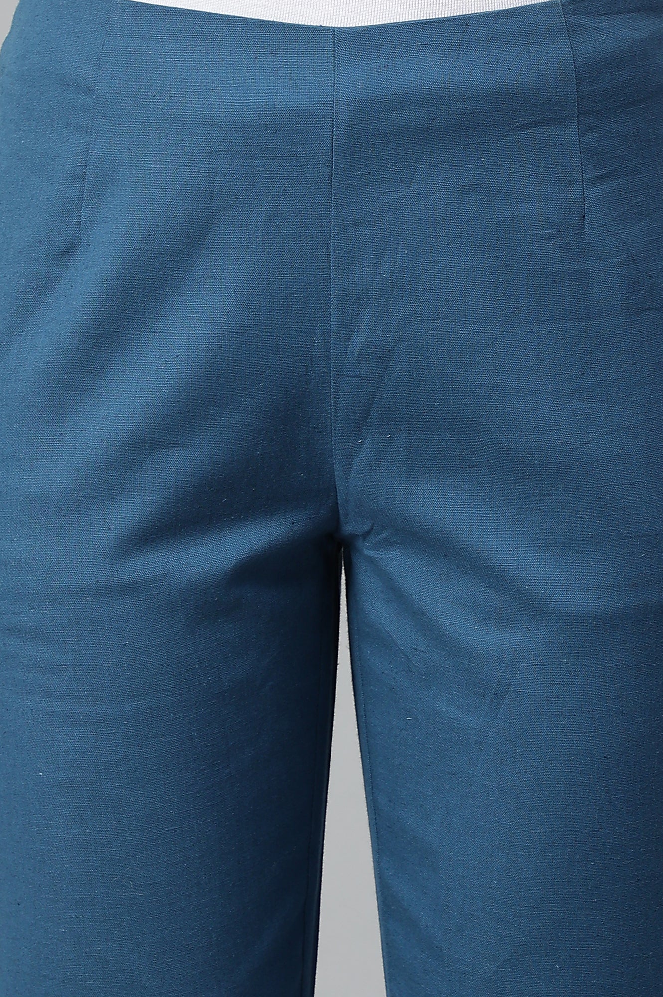 Teal Blue Cotton Blend Slim Pants