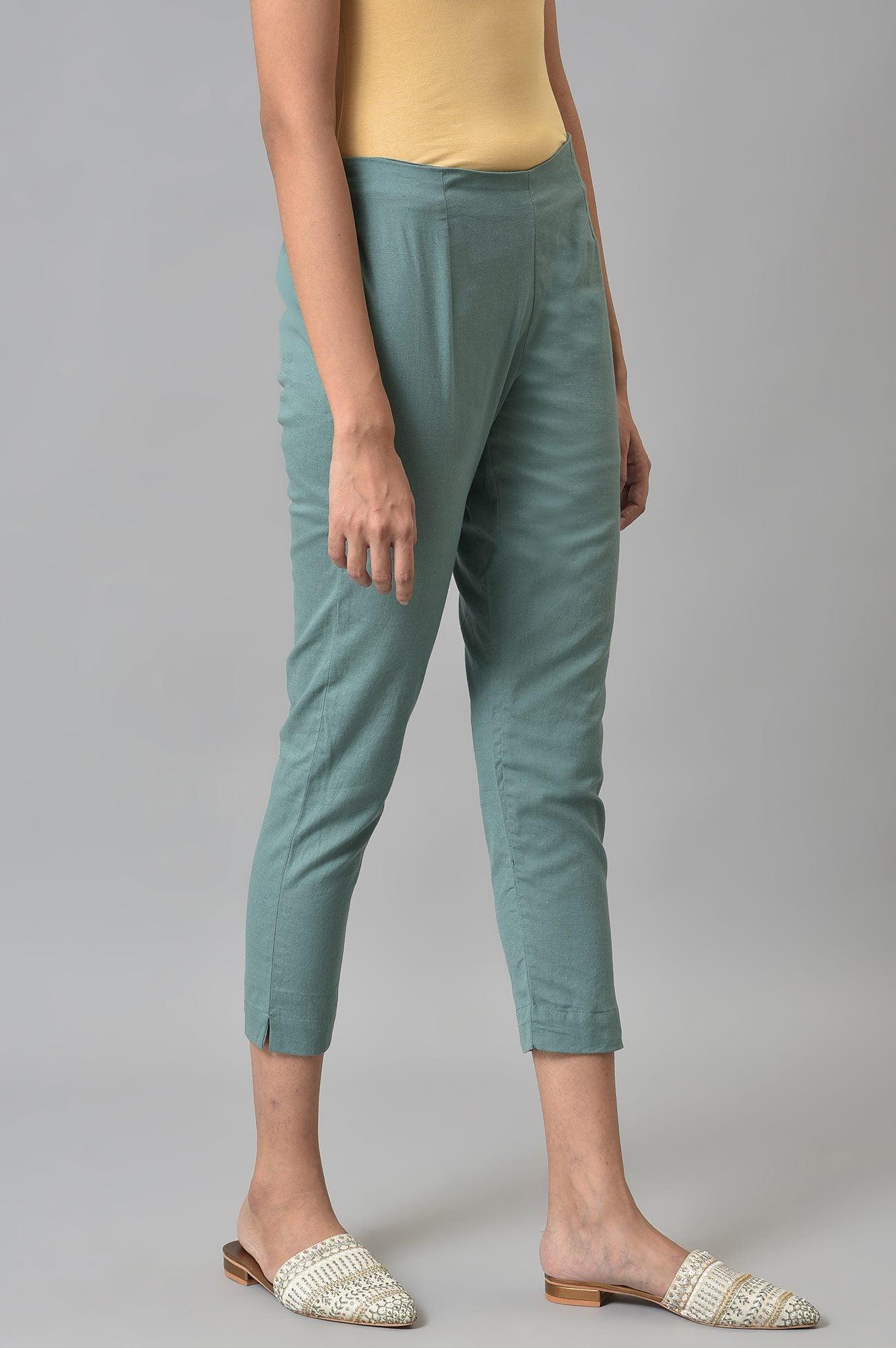 Aqua Blue Cotton Blend Slim Pants - wforwoman