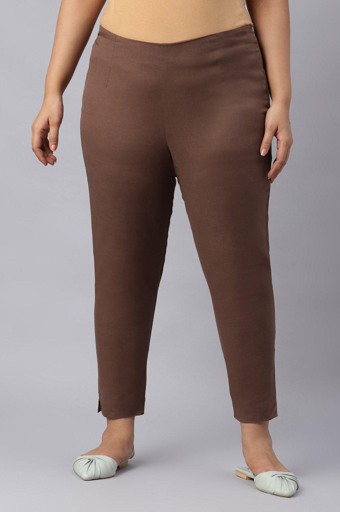 Deep Brown Solid Women Plus Size Slim Pants - wforwoman