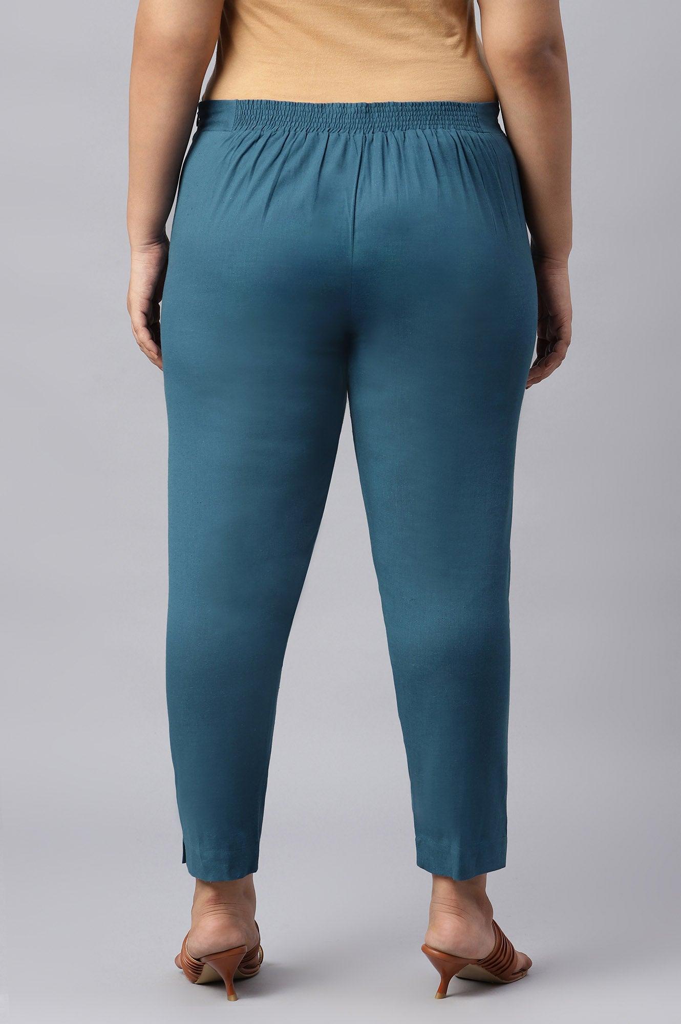 Plus Size Teal Blue Cotton Blend Slim Pants - wforwoman