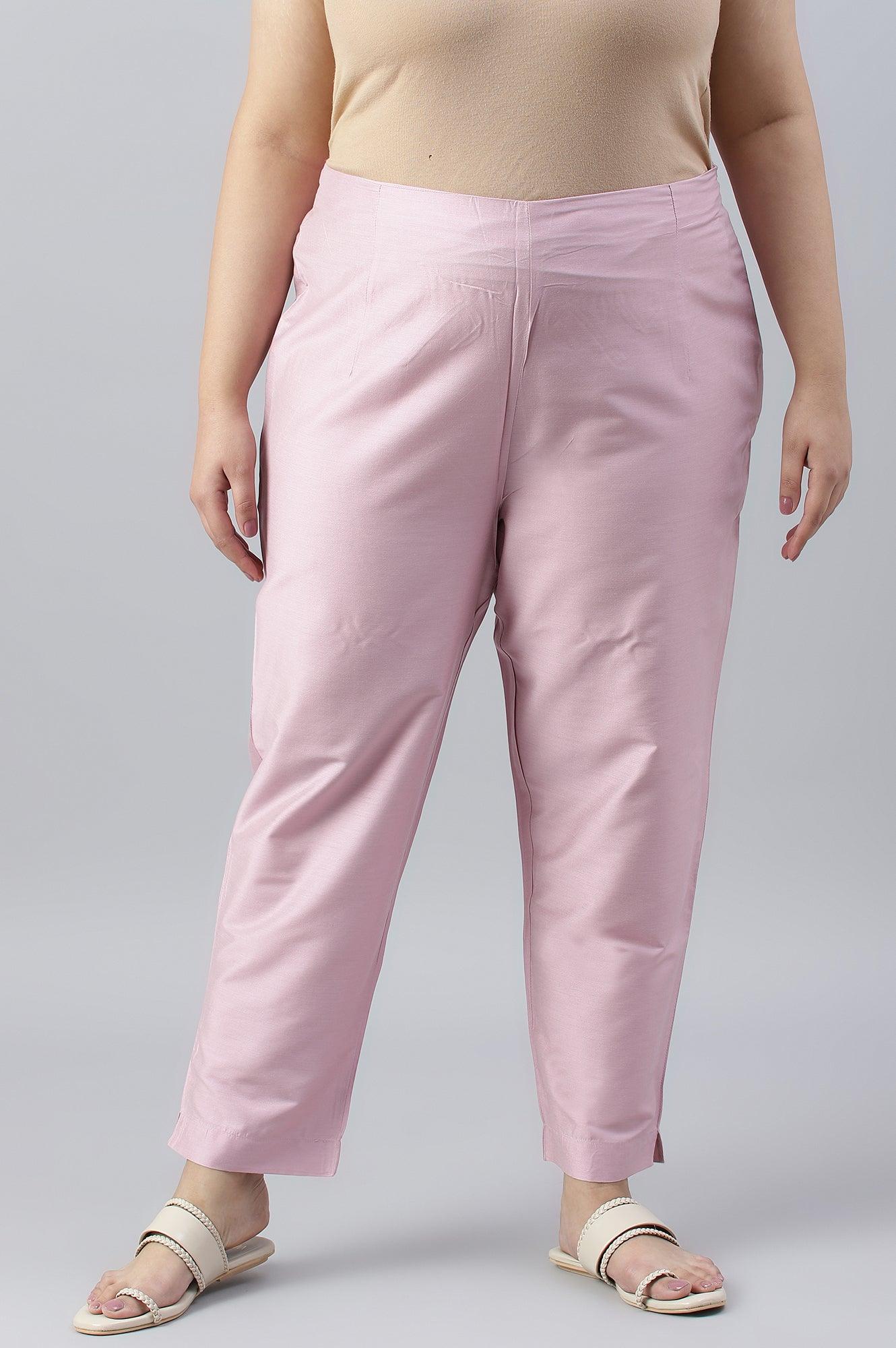 Light Pink Solid Women Plus Size Slim Pants - wforwoman