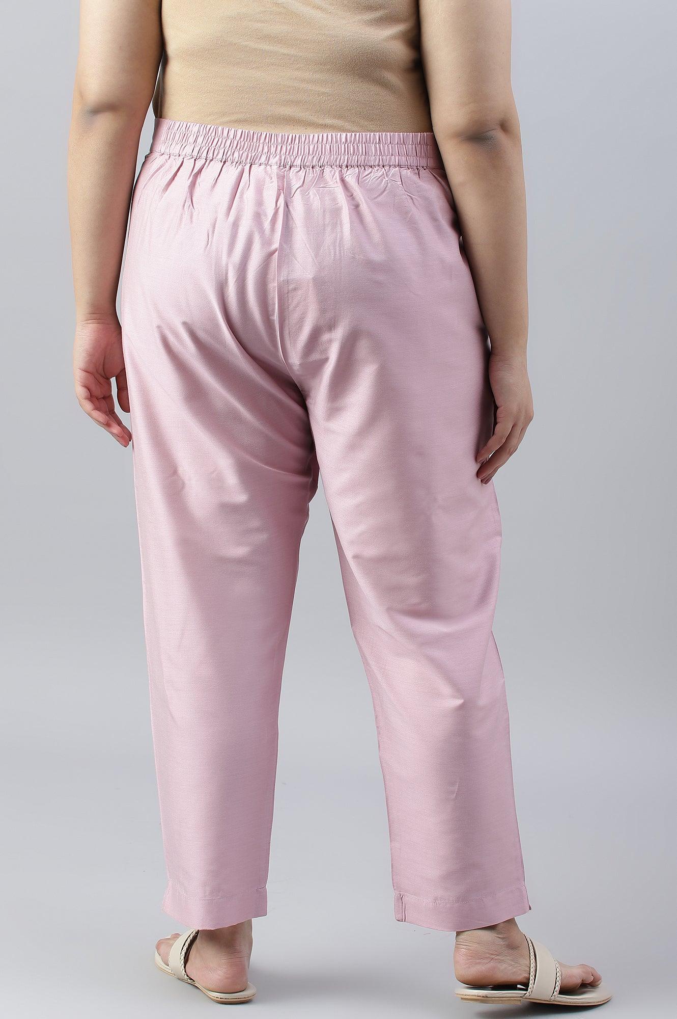 Light Pink Solid Women Plus Size Slim Pants - wforwoman