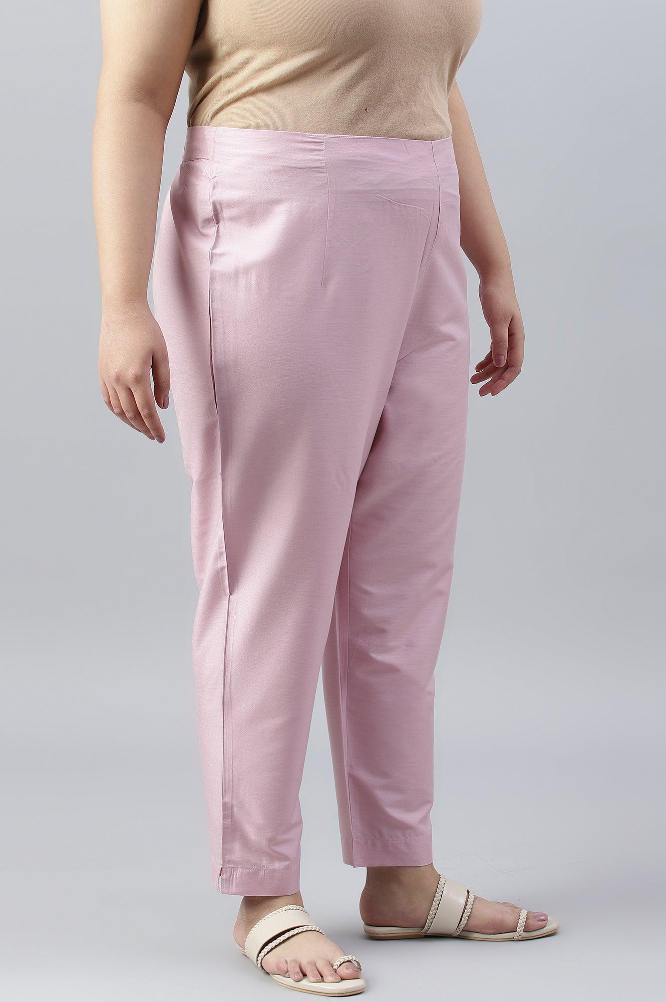 Light Pink Solid Women Plus Size Slim Pants - wforwoman