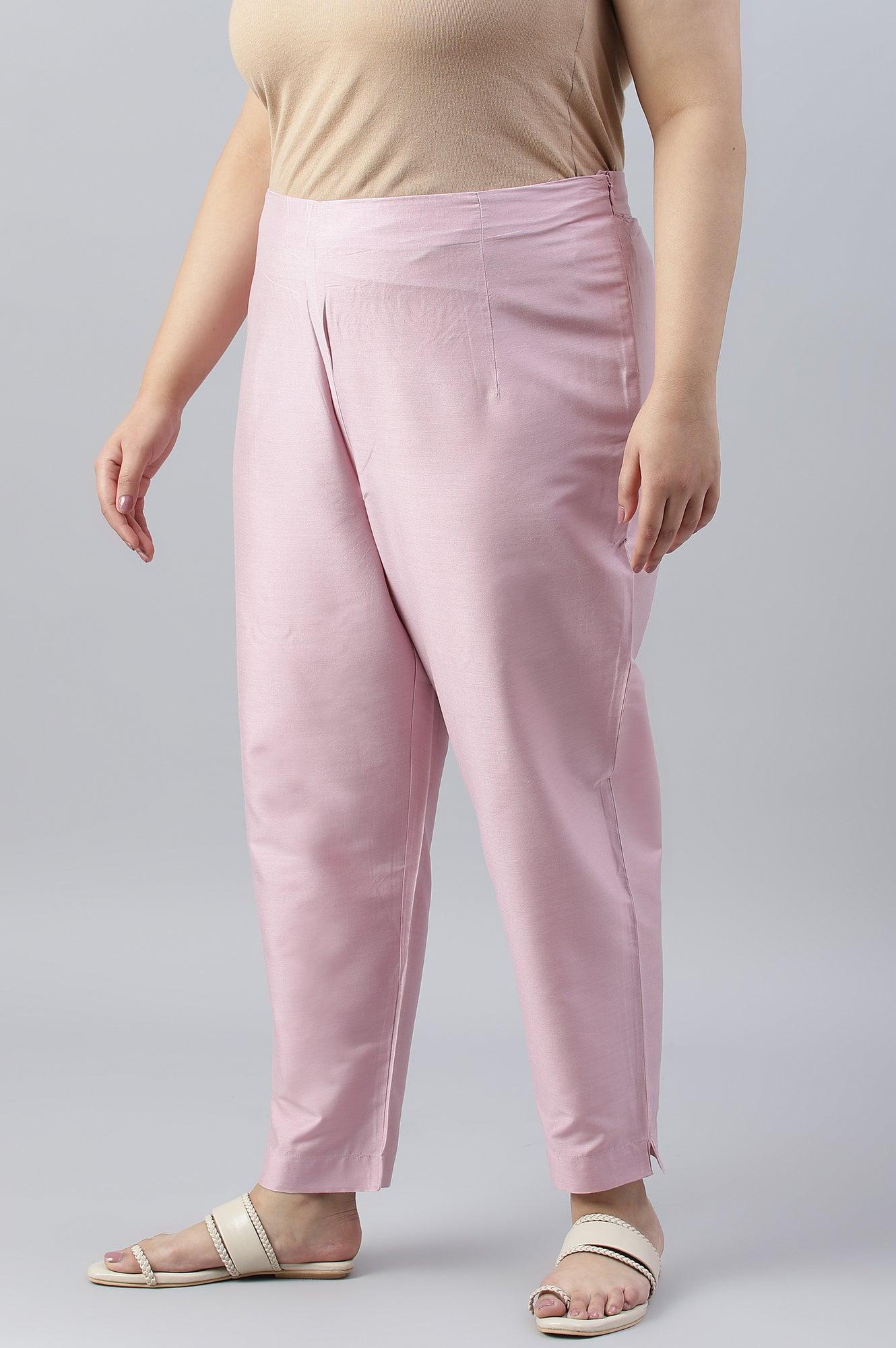 Light Pink Solid Women Plus Size Slim Pants - wforwoman