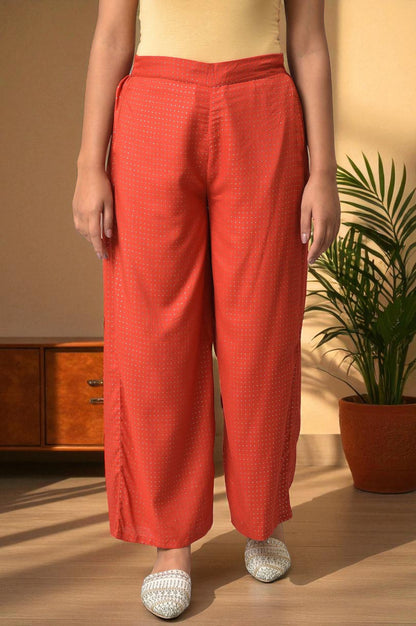 Red Glitter Printed Rayon Parallel Pants