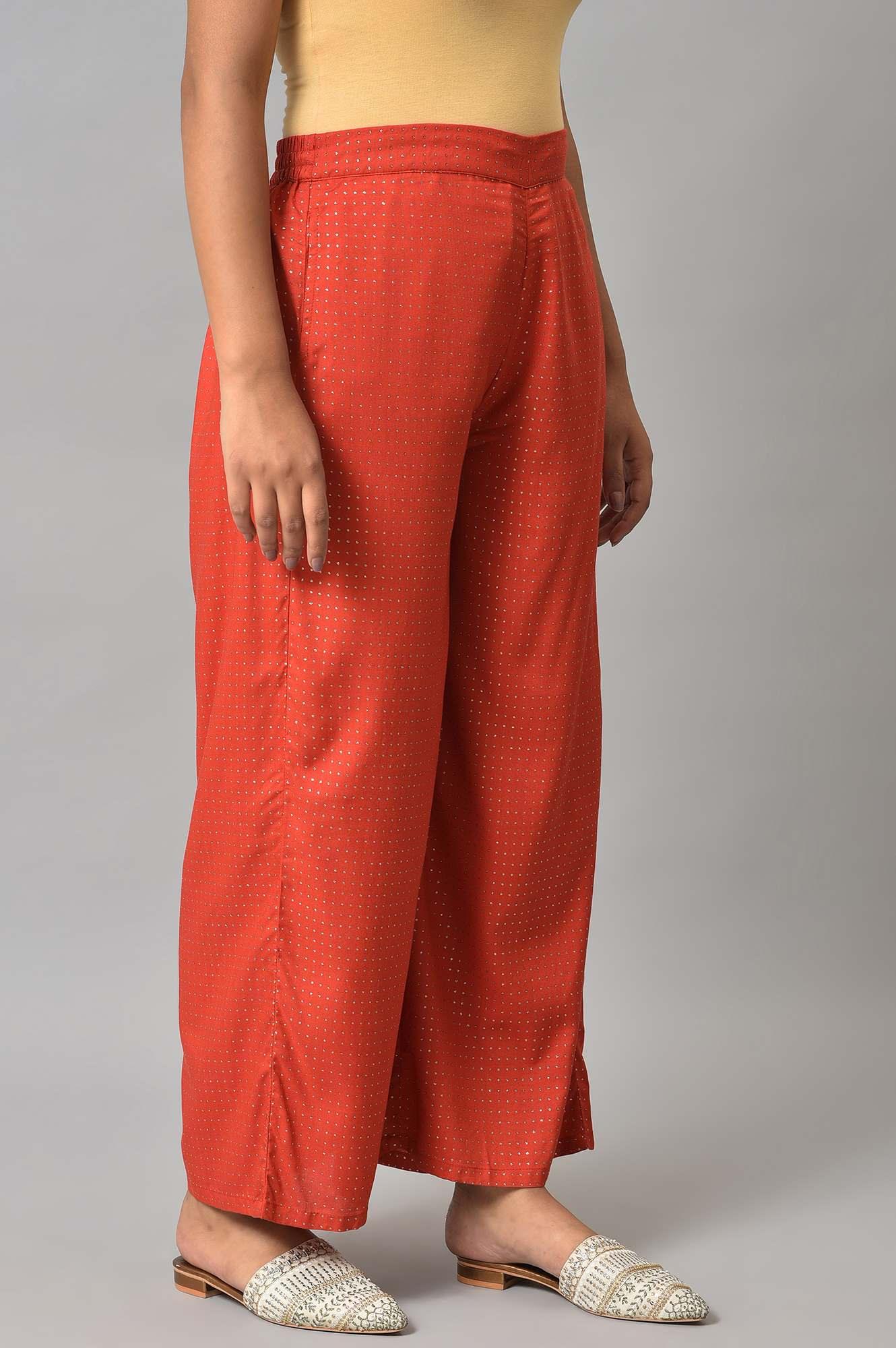 Red Glitter Printed Rayon Parallel Pants - wforwoman