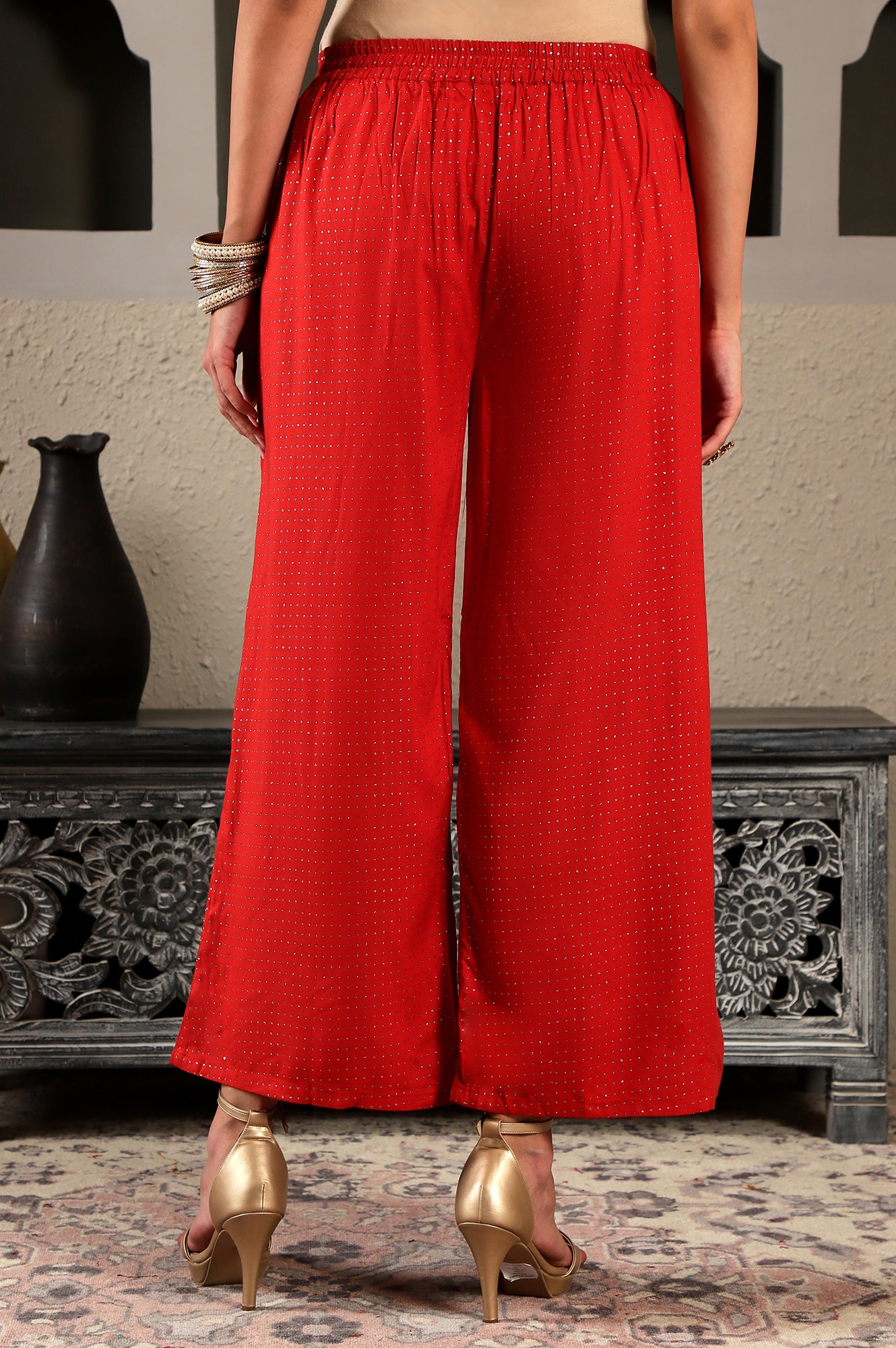 Red Glitter Printed Rayon Parallel Pants