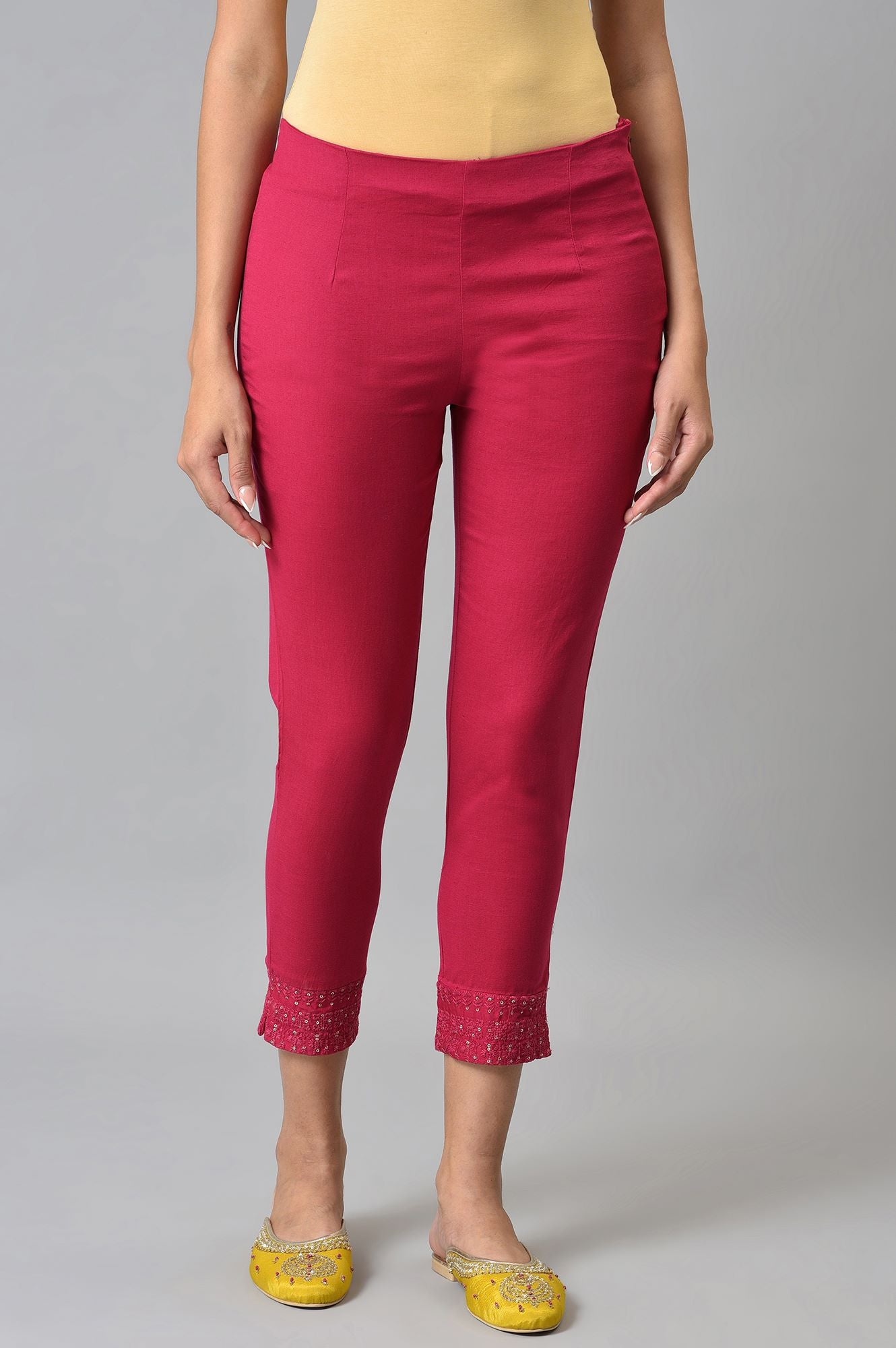 Dark Pink Solid Light Festive Slim Pants