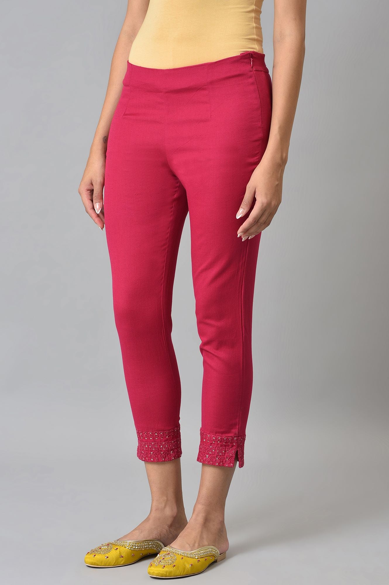 Dark Pink Solid Light Festive Slim Pants