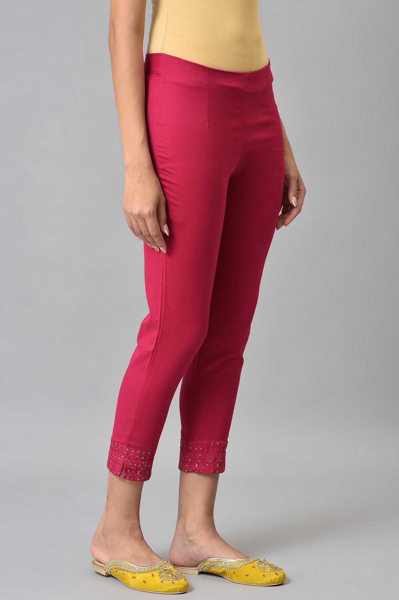 Dark Pink Solid Light Festive Slim Pants